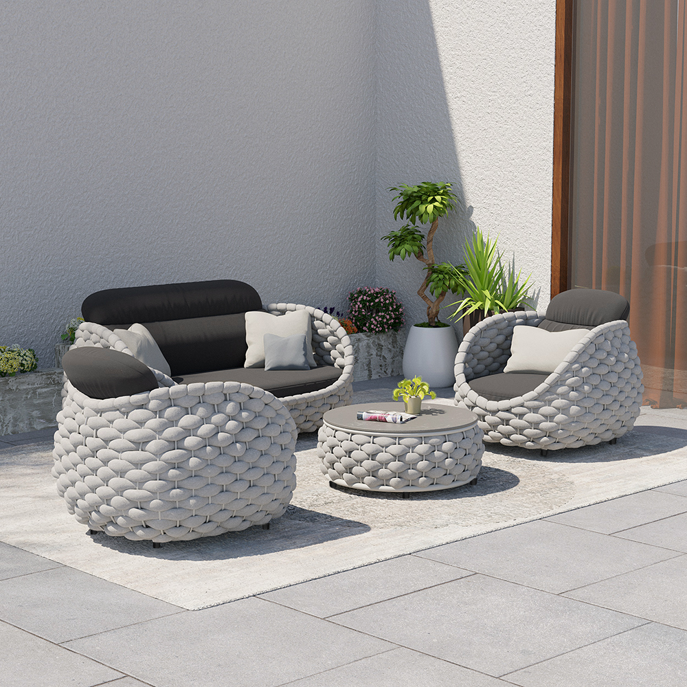 4 Pieces Textilene Rope Woven Outdoor Sectional Sofa Set with Removable Cushion Pillow