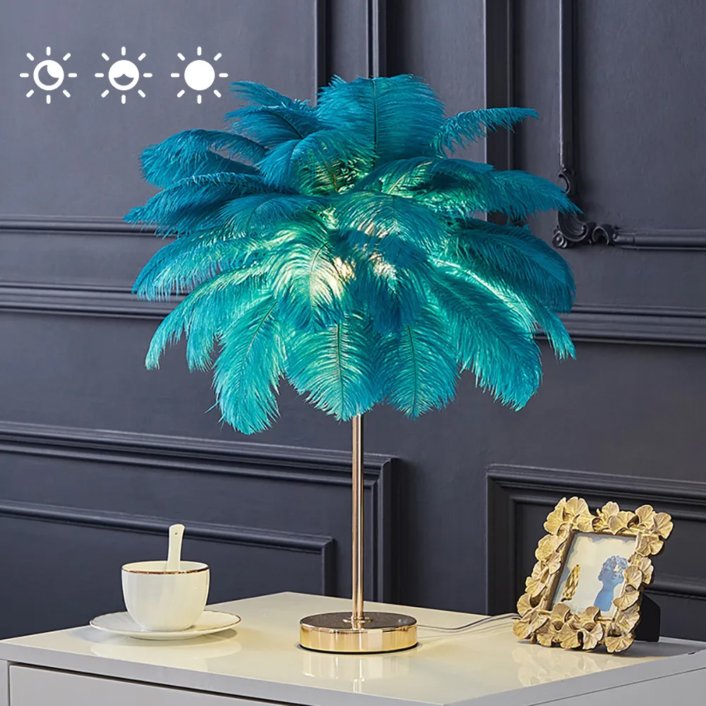 Image of Modern Gold Portable Table Lamp with Green Feather, USB Charging & Dimmable