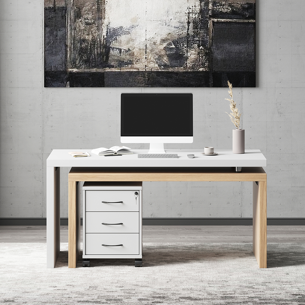 Modern Swivel Desk with Movable File Cabinet White & Natural L-Shaped Rotating Desk