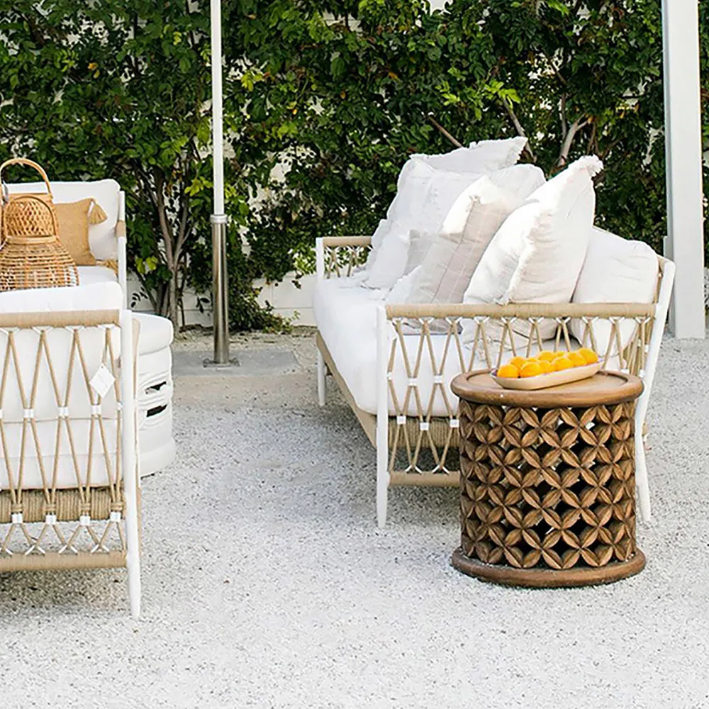 Woven Rope Outdoor Sofa 3-Seater Sofa with White Polyester Pillow Cushion