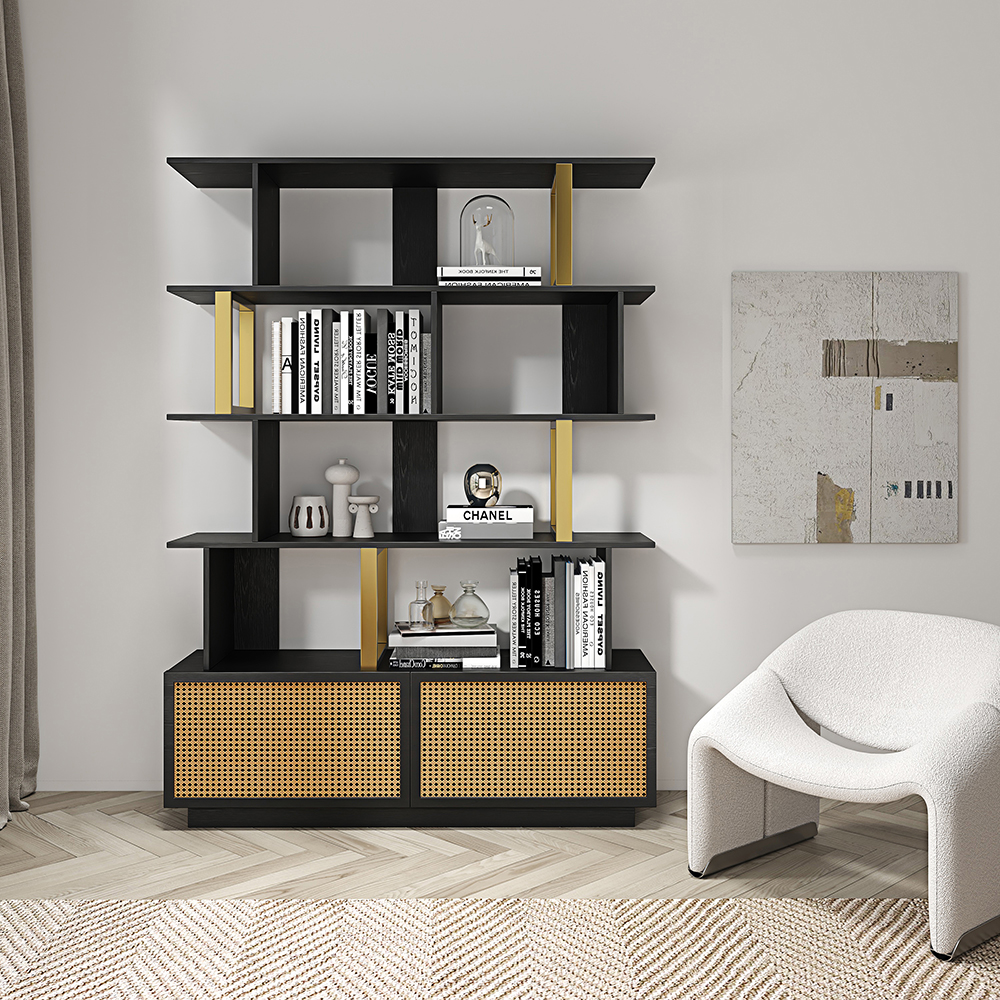 5Tier Black Wood Bookshelf with 2 Doors Modern Bookcase in Gold Finish