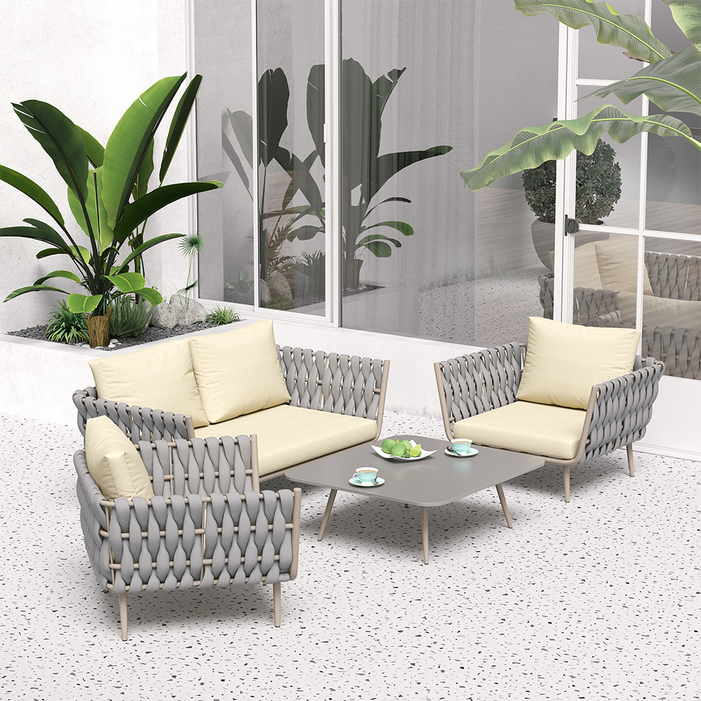 4 Pieces Outdoor Sectional Sofa Set with Webbing Seats and Cushions in Beige & Grey