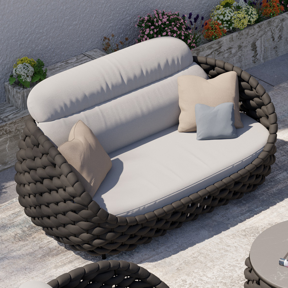 Image of 2-Seater Woven Rope Outdoor Sofa Patio Loveseat with Removable Cushion in Gray & Black