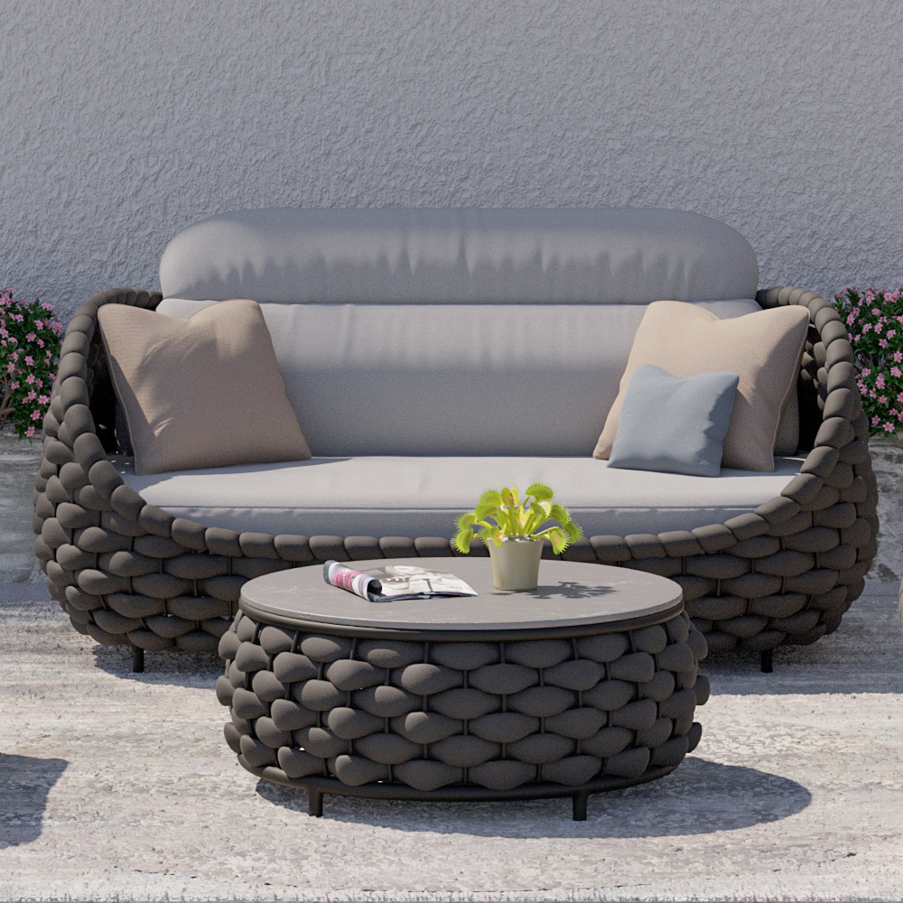 Image of 3 Seater Modern Woven Textilene Rope Outdoor Sofa with Removable Cushion Pillow in Black