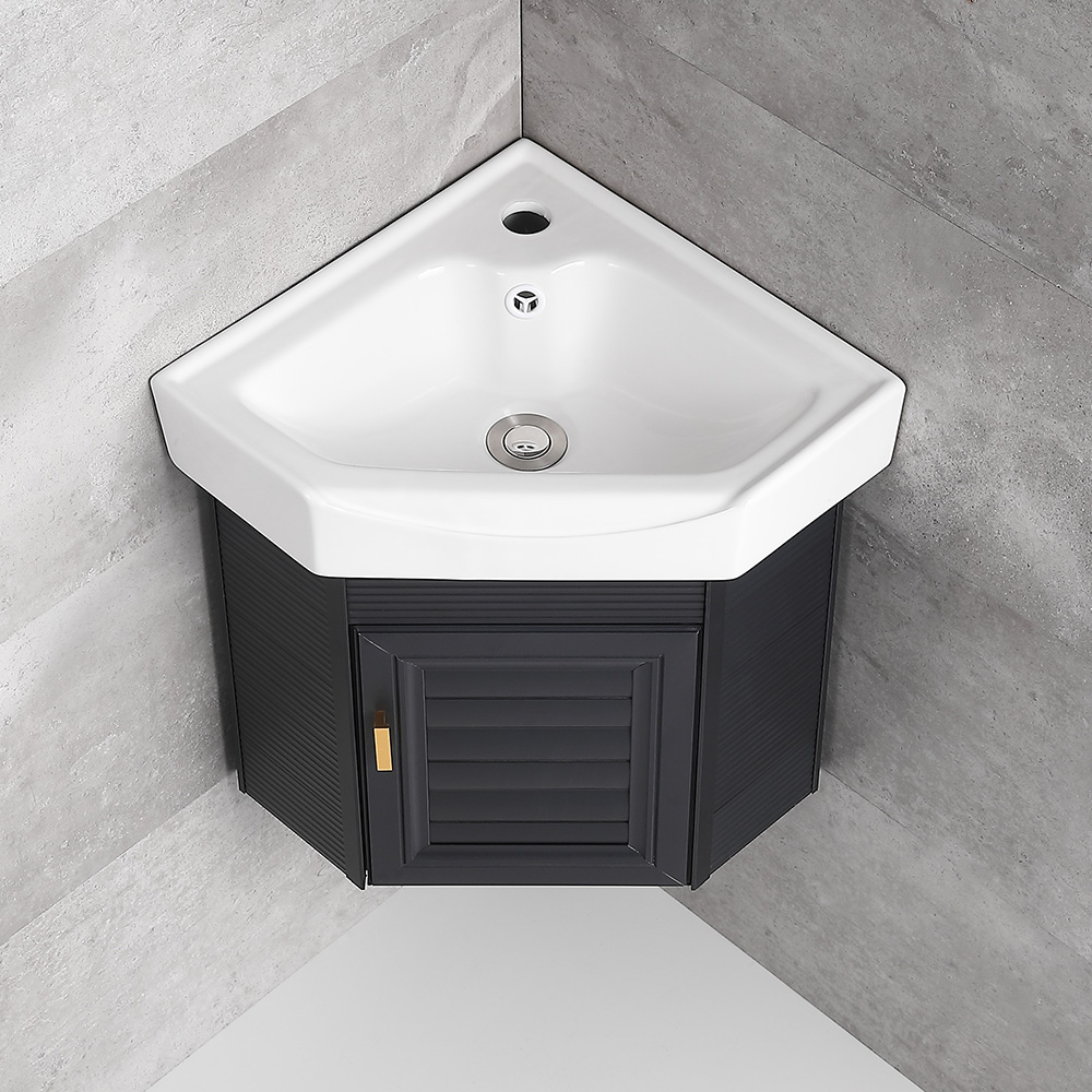15" Black Floating Corner Bathroom Vanity with Medicine Cabinet Ceramics Integral Sink