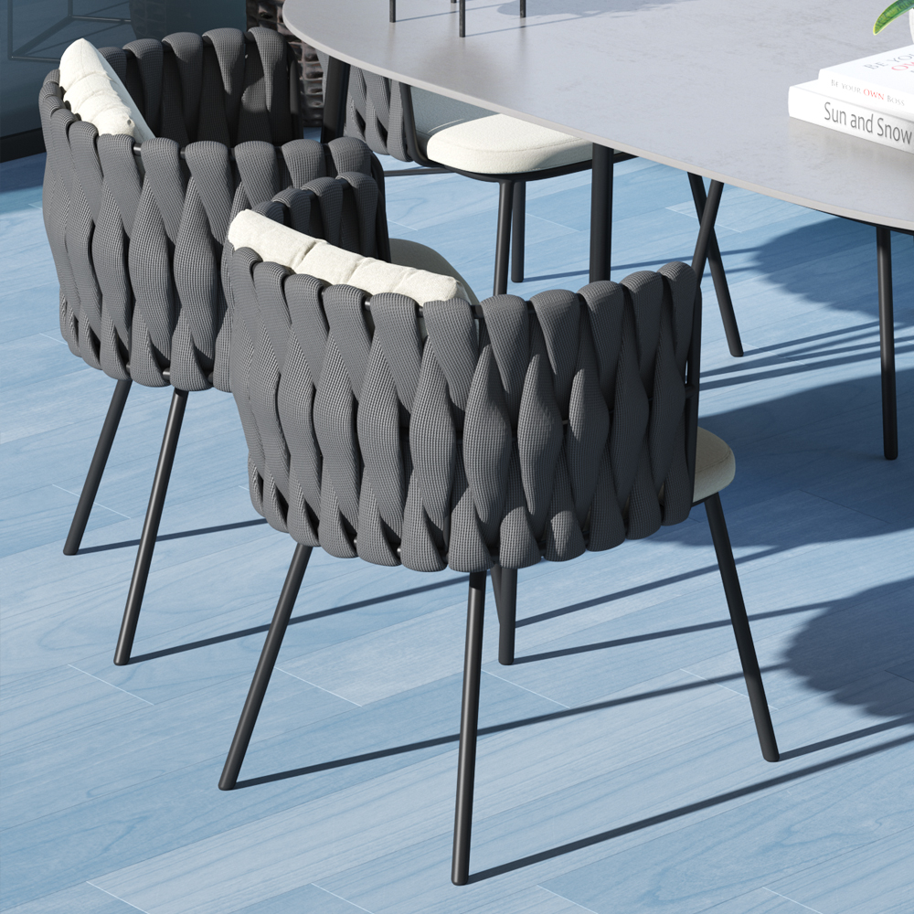 Image of 2 Pieces Aluminum & Rope Outdoor Patio Dining Chair Armchair Set with Cushion in Gray