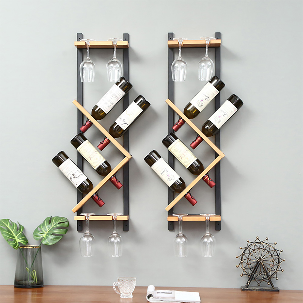 Modern Wall Mounted Wood Wine Rack 4Bottle & 4 Wine Glass Rack