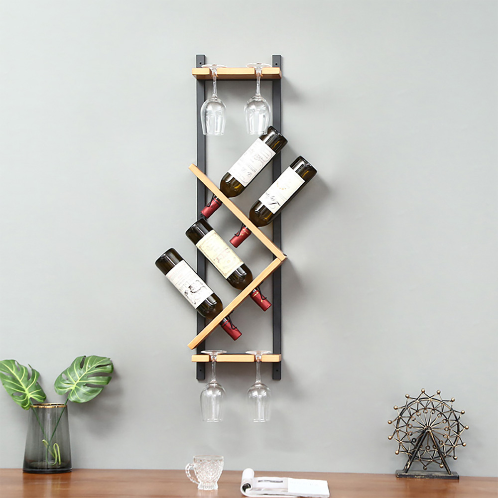 Modern Wall Mounted Wood Wine Rack 4 Bottle And 4 Wine Glass Rack Stemware Holder Rack Bar 3856