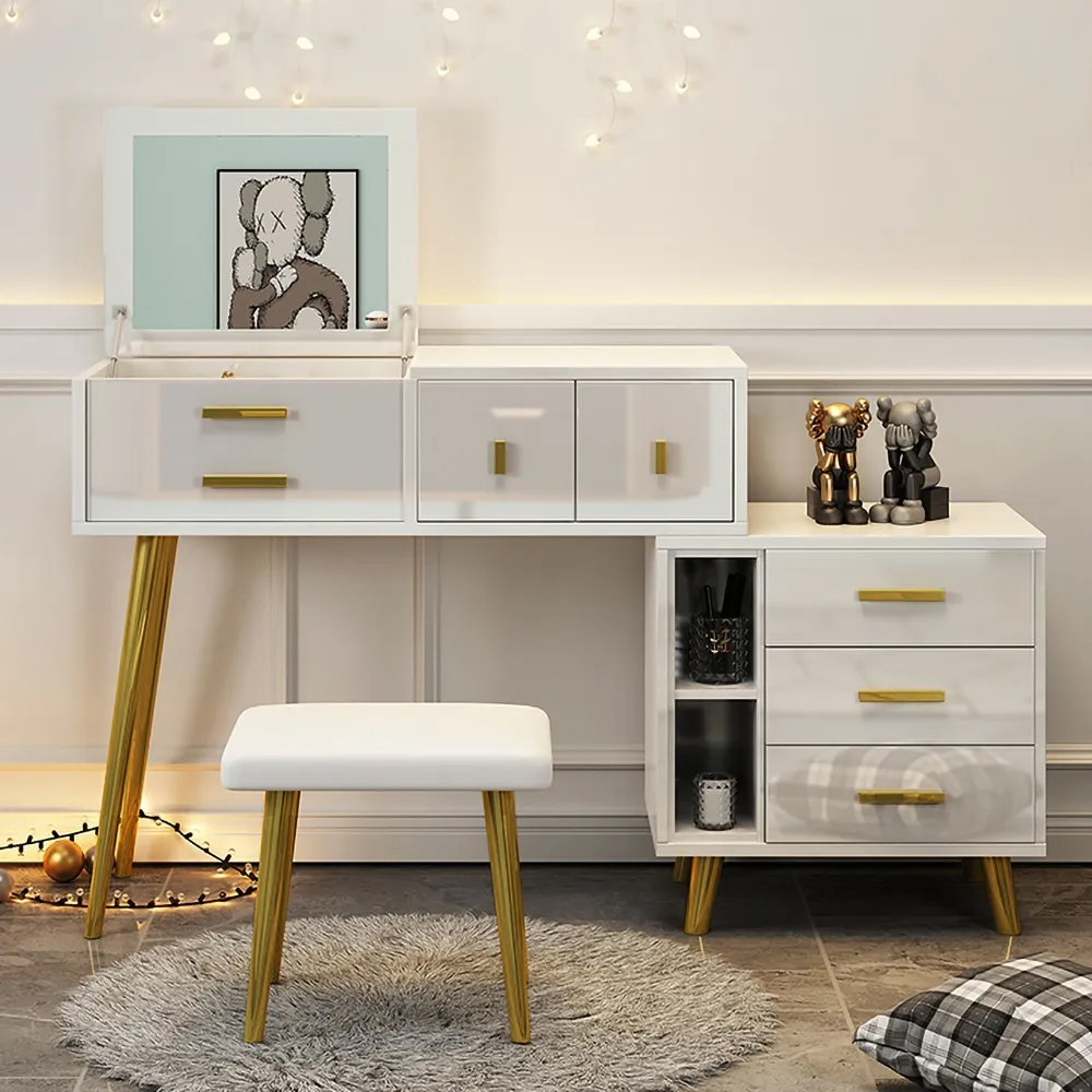 Modern White Makeup Vanity Extendable Dressing Table with Drawers
