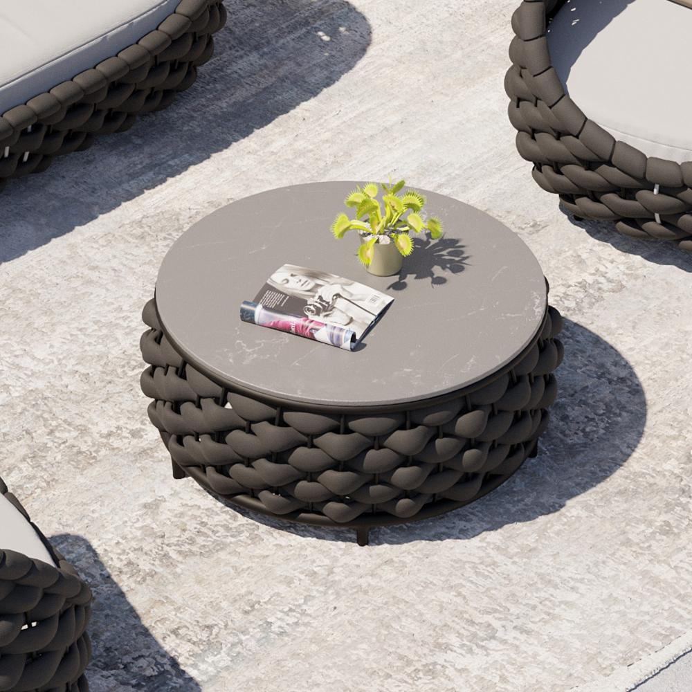Image of Modern Faux Marble Top Round Outdoor Coffee Table with Woven Rope Base in Black