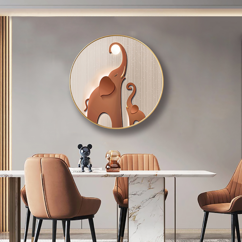 Modern Round Elephant Wall Decor for Living Room 3D Cute Painting with Frame in Brown