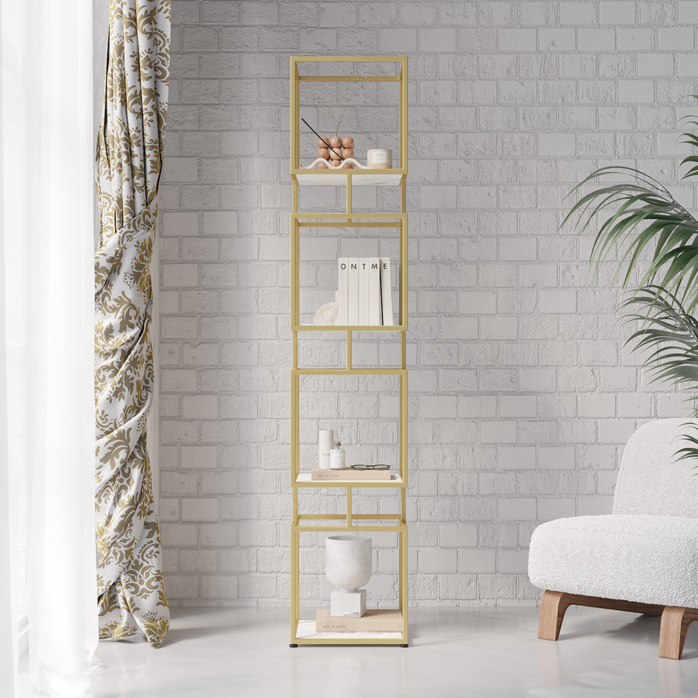 4-Tier Modern Simple Gold Cube Bookcase with Metal Tower Display Tall Shelf