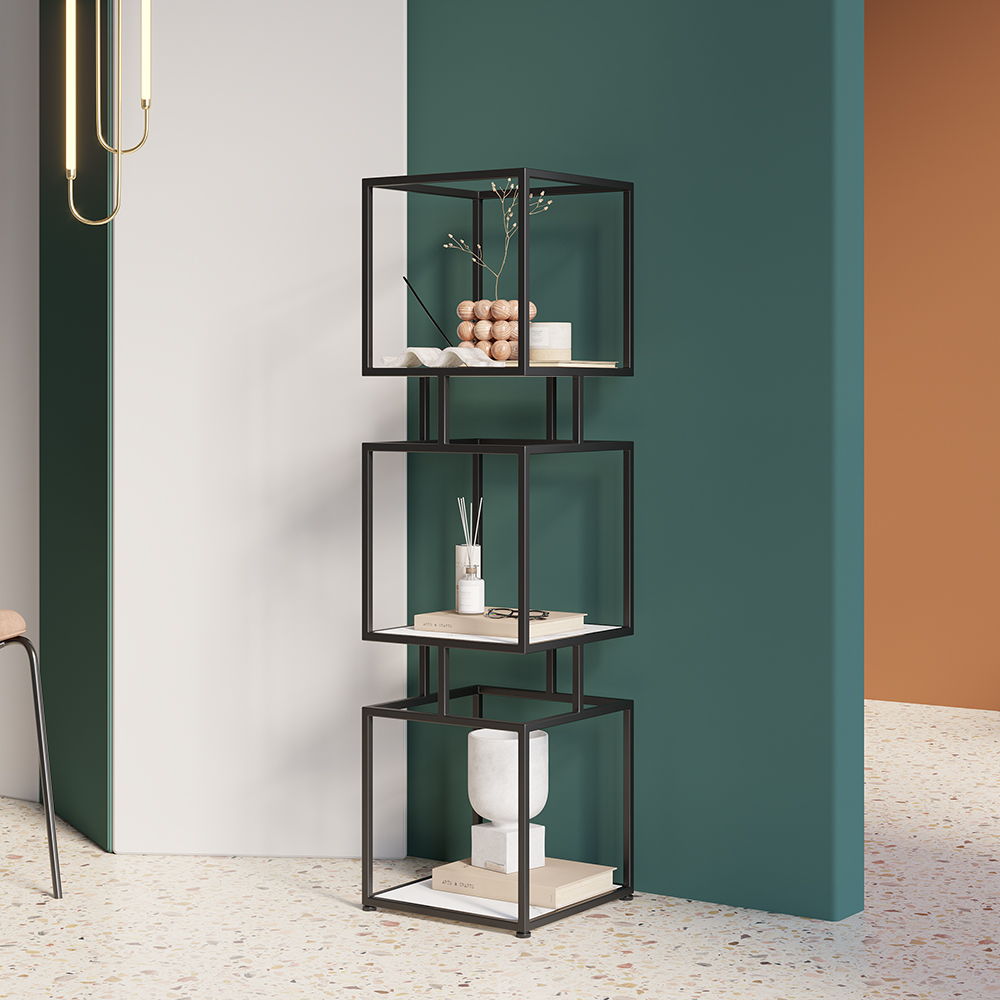 Image of 3-Tier Modern Black Cube Bookcase with Metal Tower Display Shelf