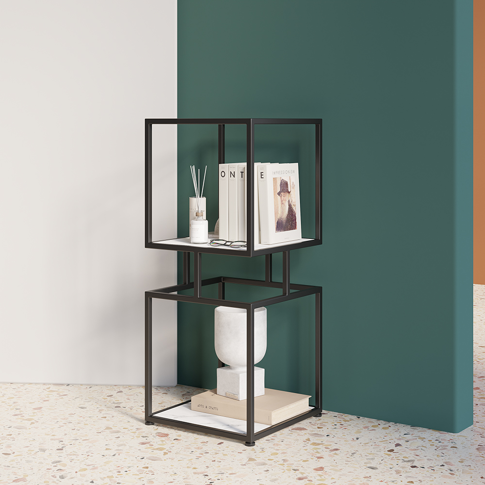 Image of 2-Tier Modern Black Cube Bookcase with Metal Tower Display Shelf