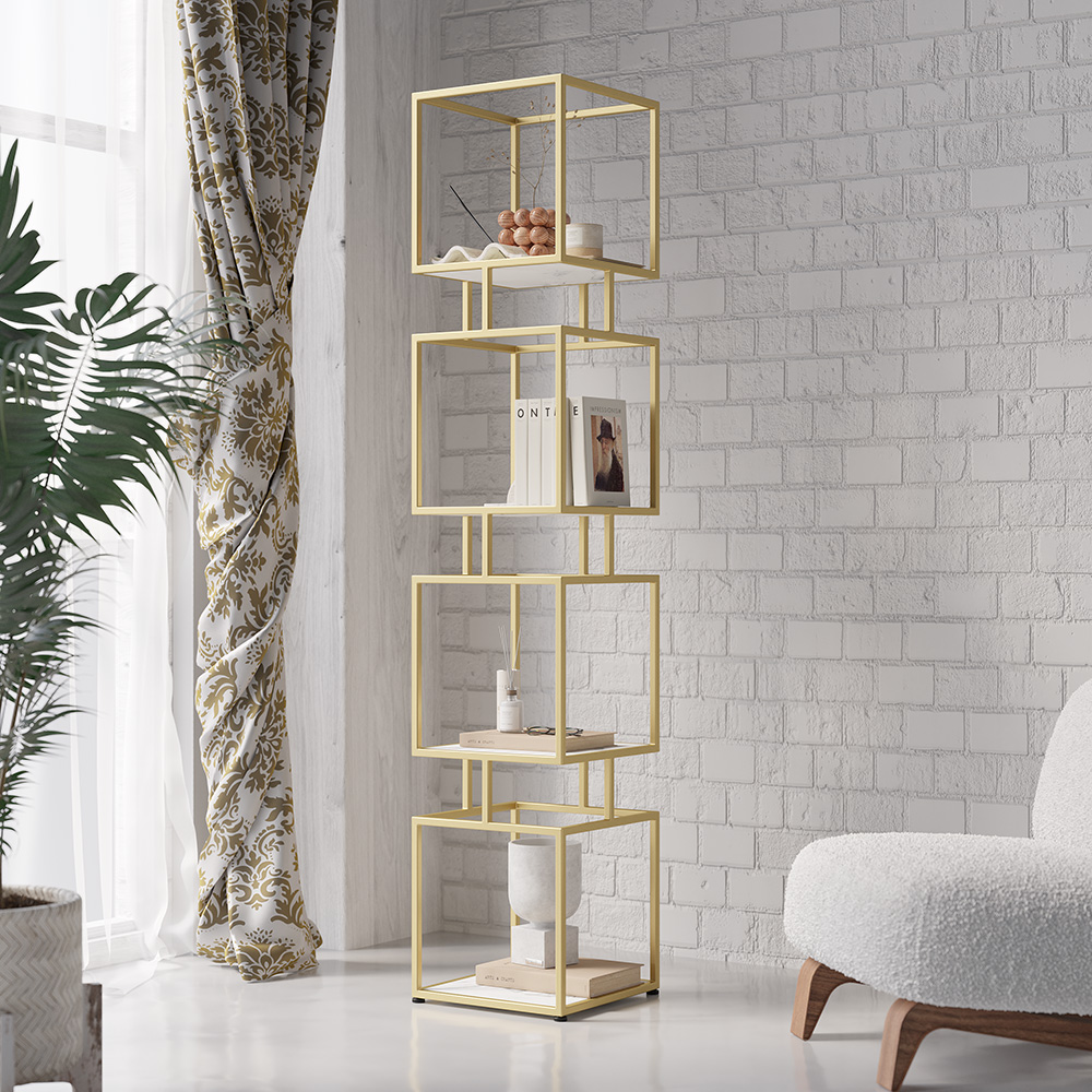 Image of 4-Tier Modern Simple Gold Cube Bookcase with Metal Tower Display Tall Wooden Bookshelf