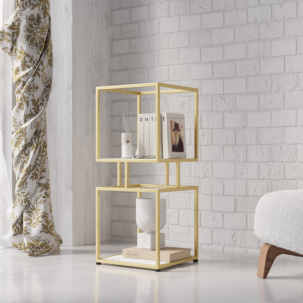 Image of 2-Tier Modern Gold Cube Bookcase with Metal Tower Display Shelf