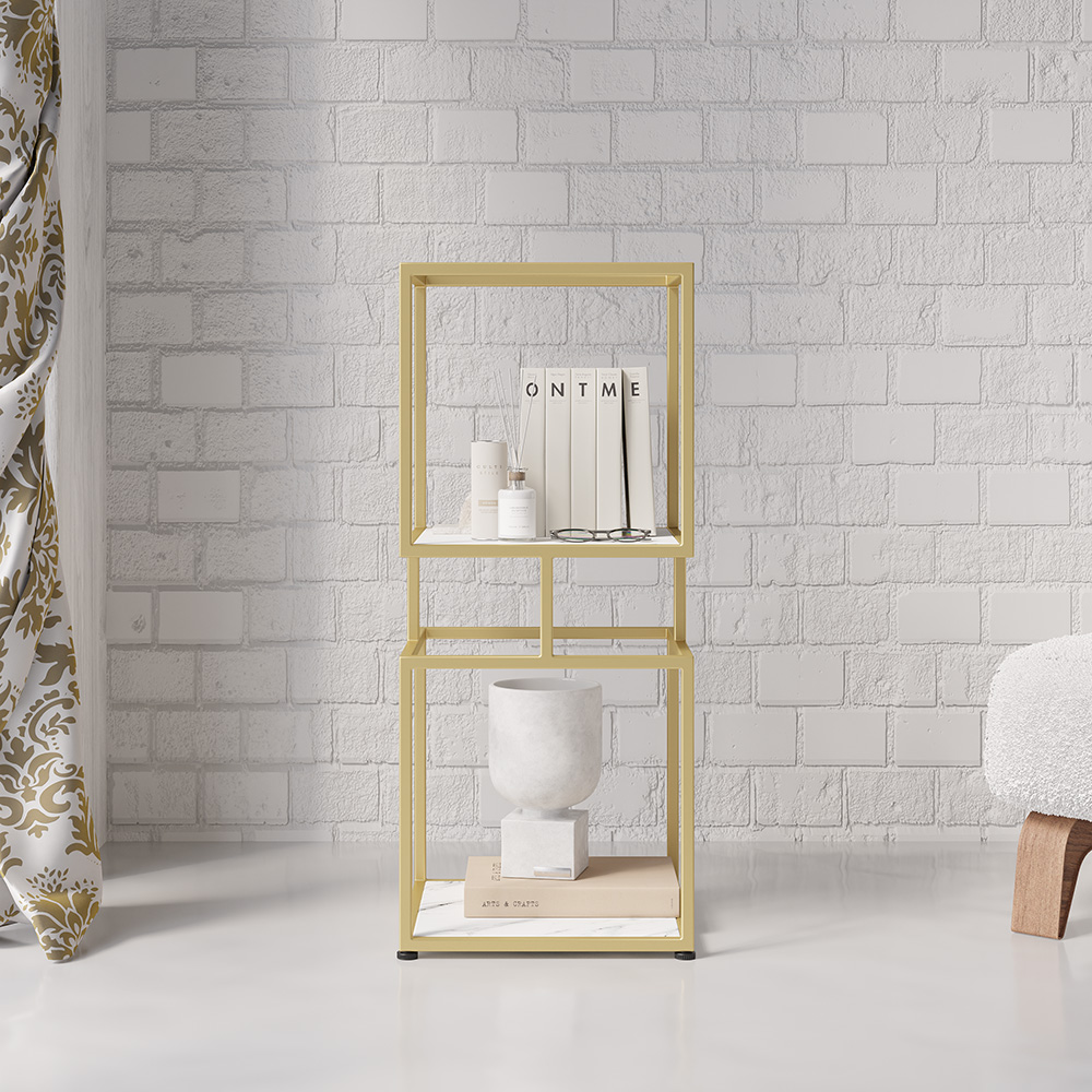 2-Tier Modern Gold Cube Bookcase with Metal Tower Display Shelf