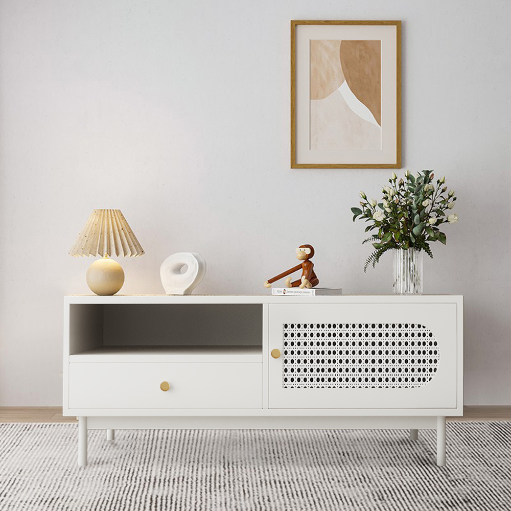 Farmhouse Rectangle Rattan Coffee Table in Off White with 2 Drawers