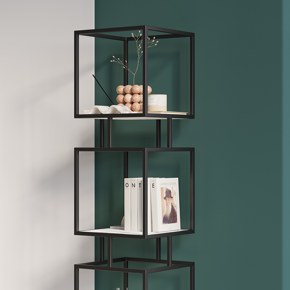 Modern Black Cube Bookcase with Metal 4Tier Bookshelf Tower Display