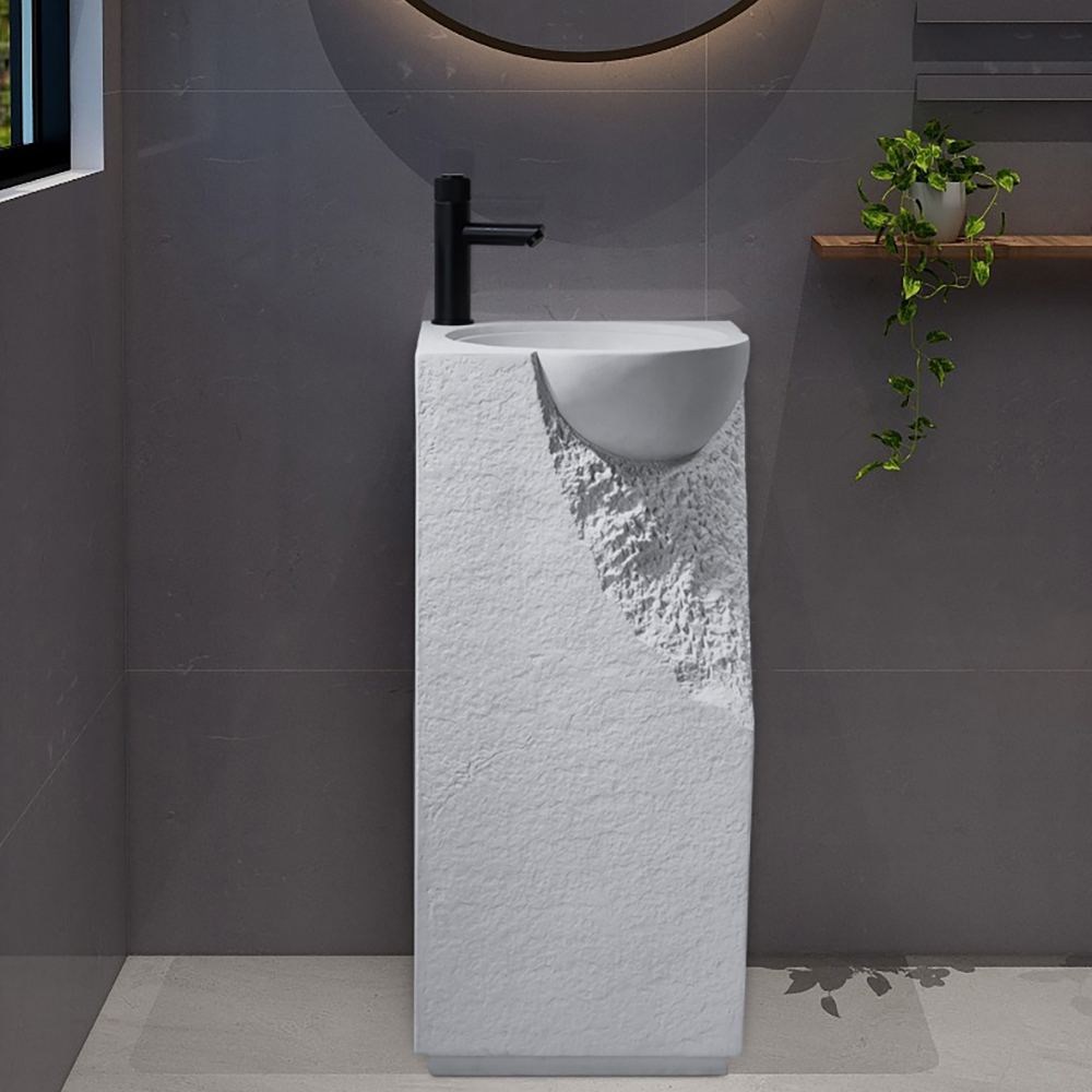 Image of 34" Tall Stone Resin Pedestal Sink with Rounded Basin Freestanding in White Rustic