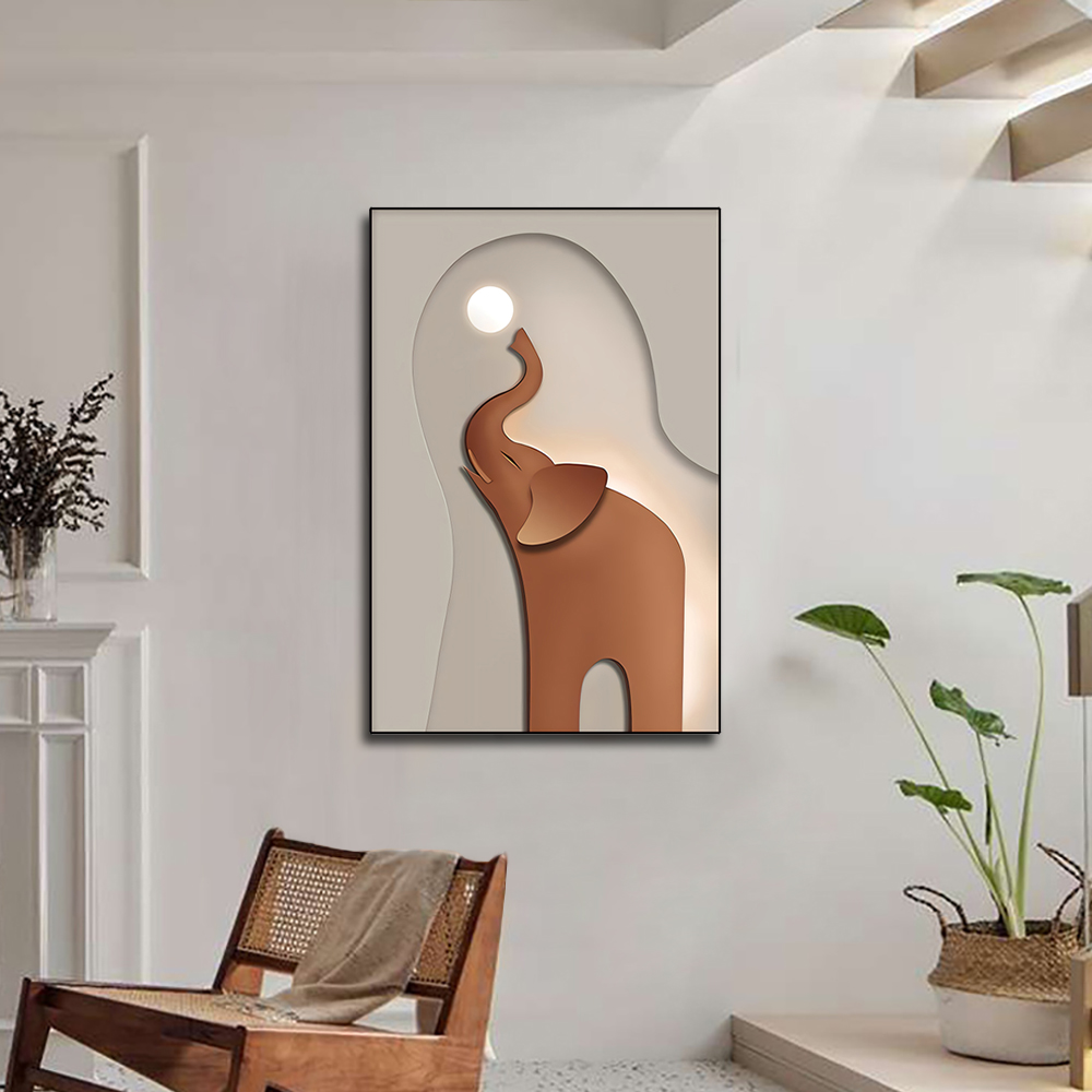 Modern Rectangle Elephant Wall Decor for Living Room Cute Painting with Frame in Brown