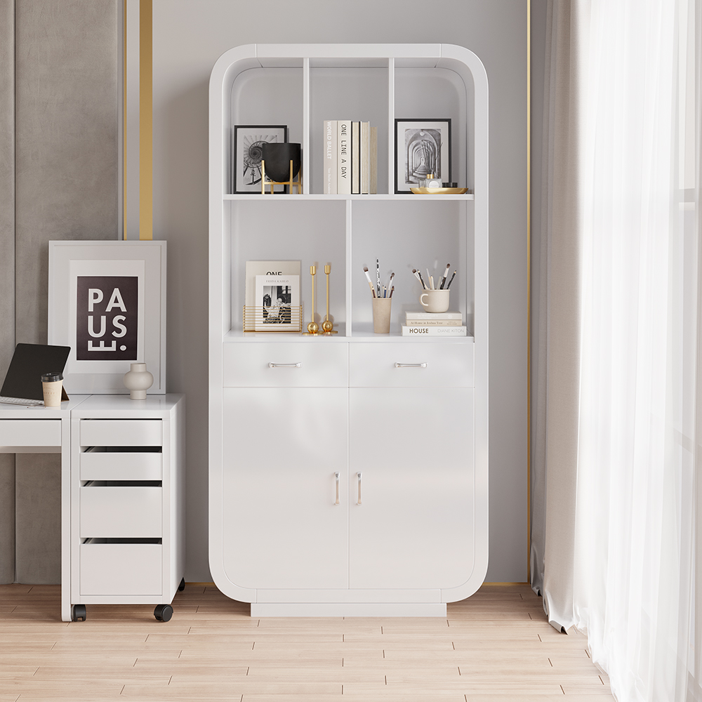 Image of 79.1" White Bookcase with Doors Modern Etagere Bookcase with Drawers Bookshelf with Rich Storage