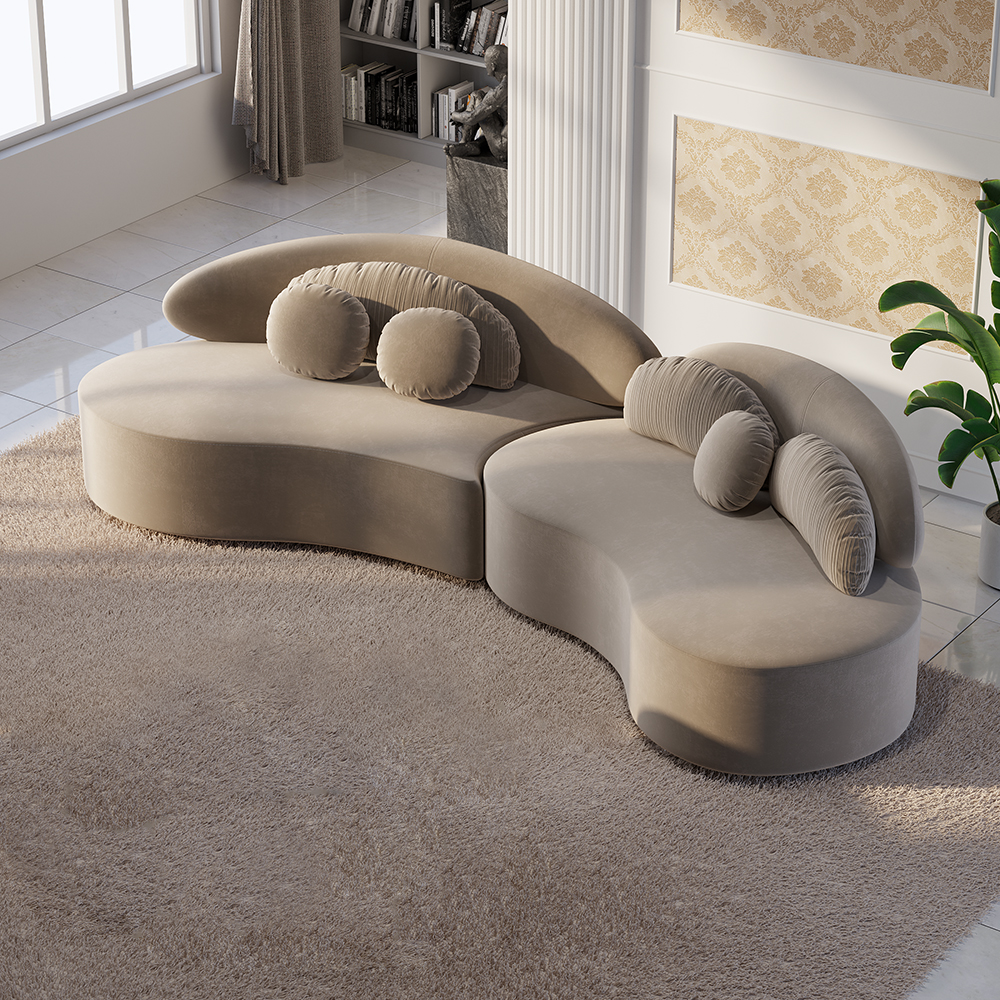 Image of 118" Modern Curved Sectional Modular Sofa Khaki Velvet Upholstery with Pillow