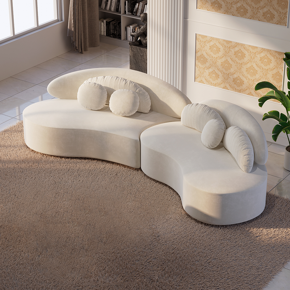 Image of 118" Modern Beige Curved Sectional Modular Sofa Velvet Upholstery for Living Room