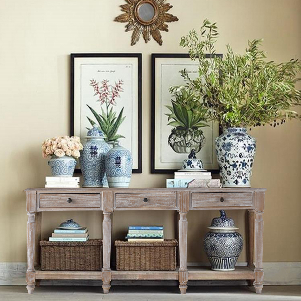 Rustic Narrow Console Table with Drawers & Shelf Hallway Table