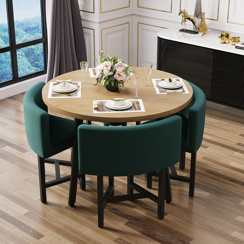 1000mm Round Wooden Nesting Dining Table Set for 4 Green Upholstered Chairs