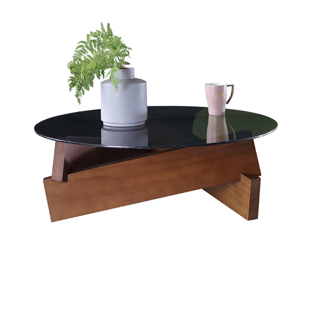 Round Coffee Table in Black & Walnut with Glass Top & Pine Wood
