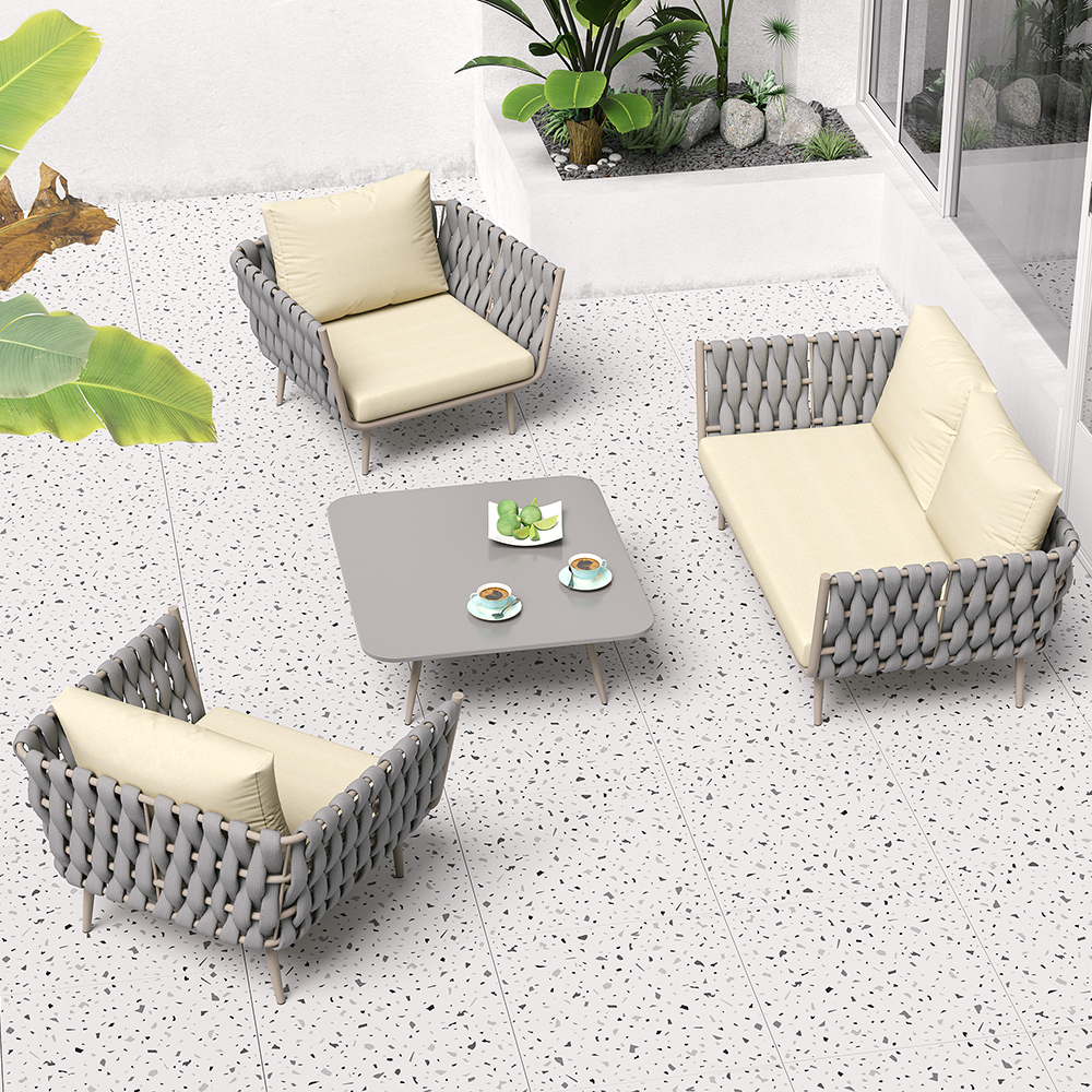 Image of 4 Pieces Outdoor Sectional Sofa Set with Webbing Seats and Cushions in Beige & Gray