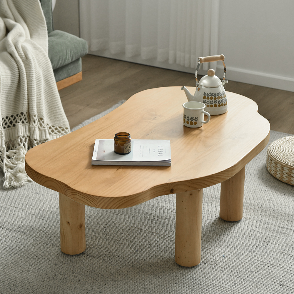 Farmhouse Pine Wood Coffee Table Cloud Shaped in Natural with 4 Legs