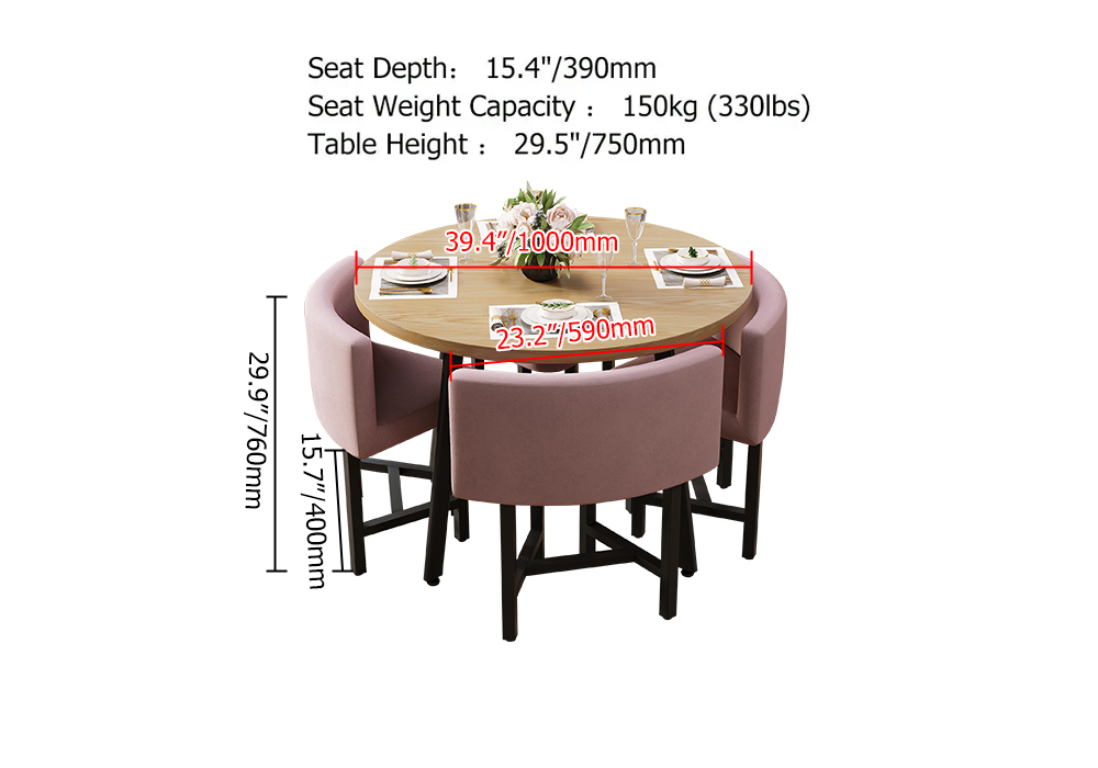 1000mm Round Wooden Small Dining Table Set of 4 Pink Upholstered Chairs