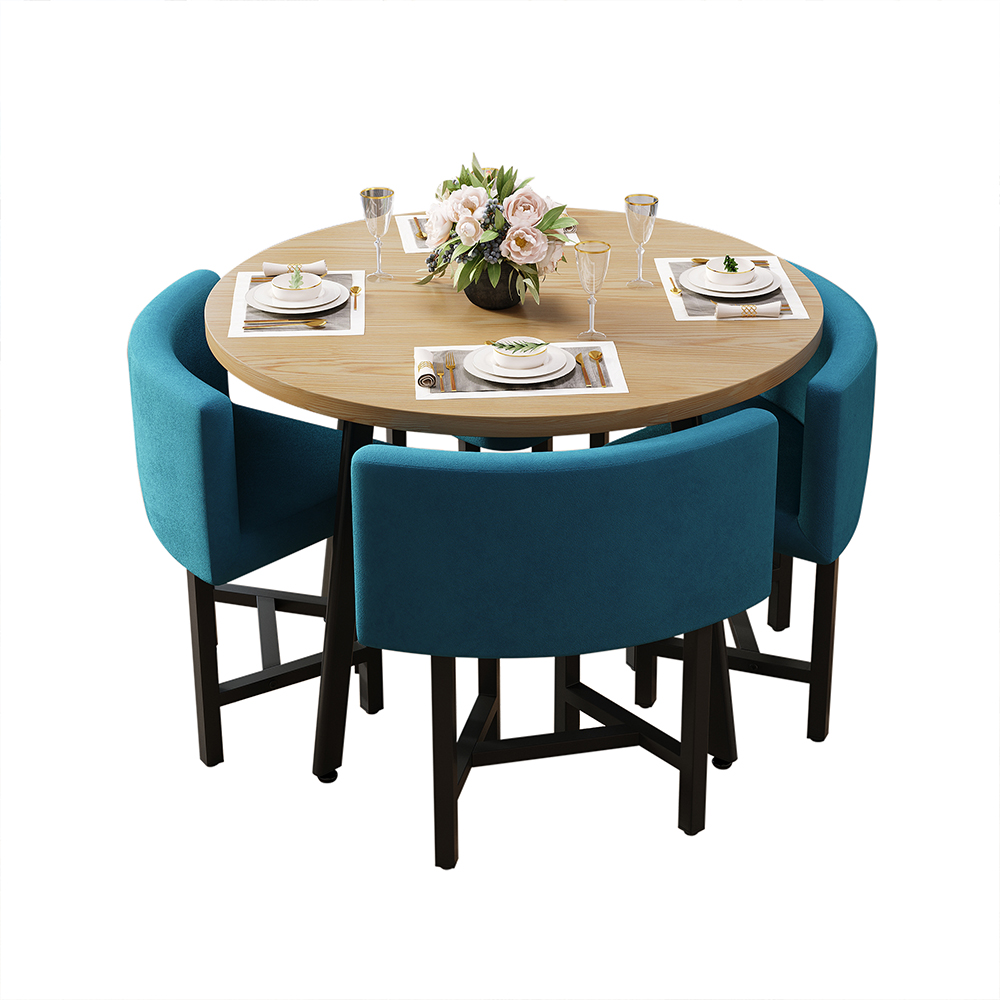 40" Round Wooden 4 Person Dining Table with Blue Upholstered Chairs Set for Nook Balcony ...