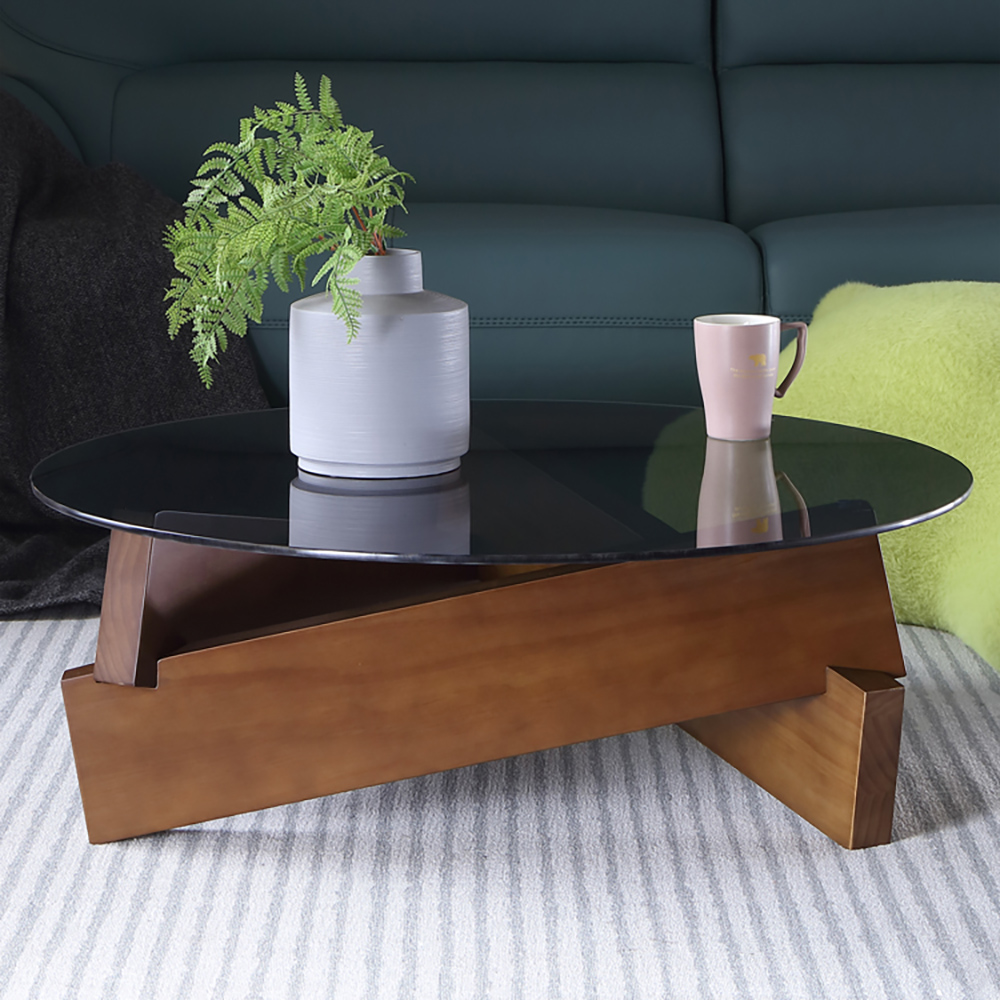 Round Coffee Table in Black & Walnut with Glass Top & Pine Wood ...