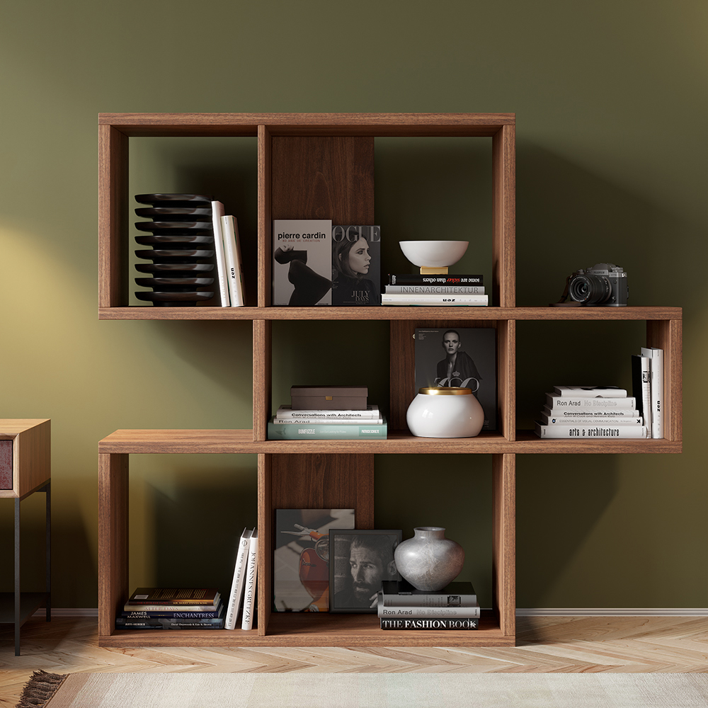Modern 3Tier Geometric Horizontal Bookcase Walnut Wood Bookshelf
