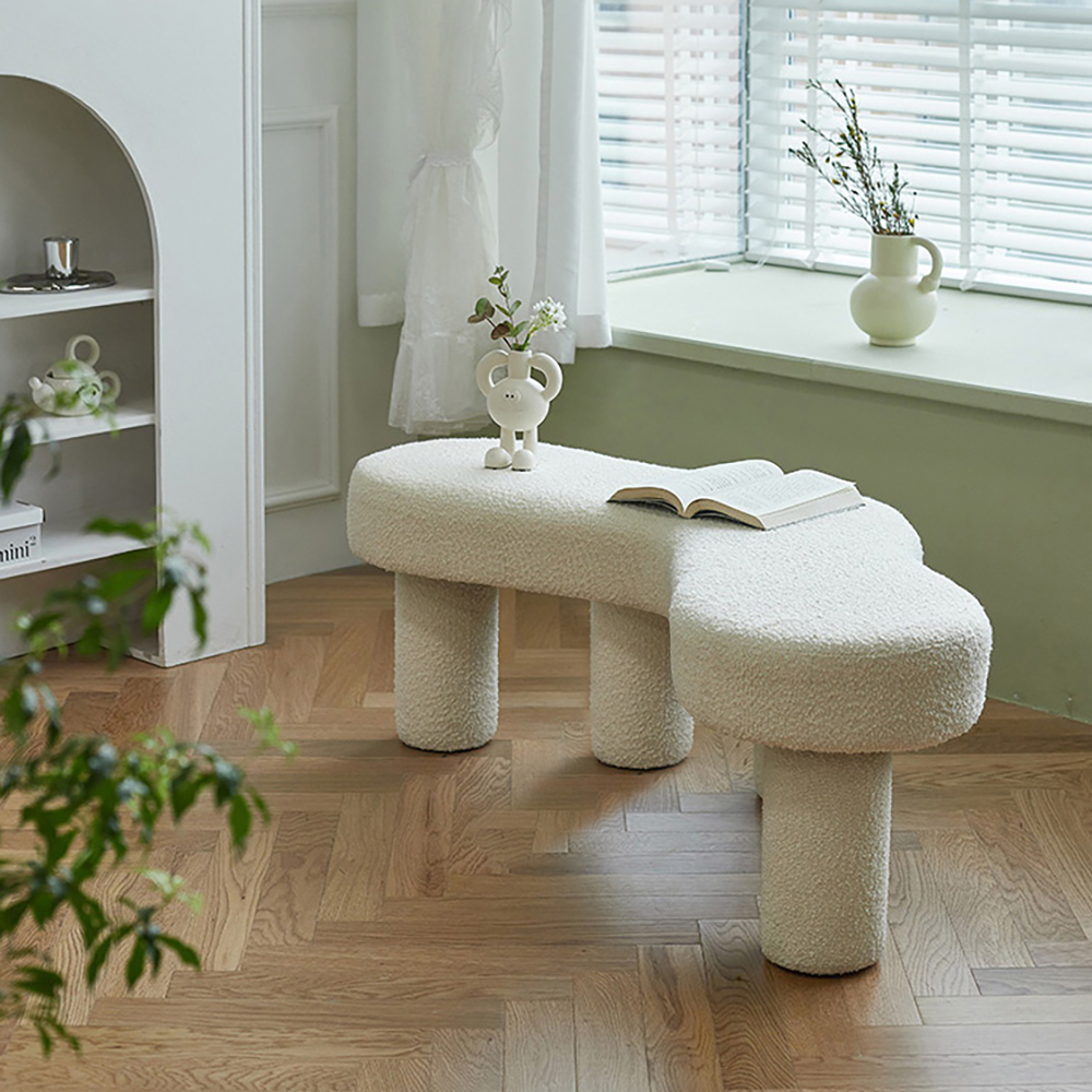 Modern White Bedroom Bench Boucle Tufted Long Bench with 4 Legs Bedroom Furniture Homary US