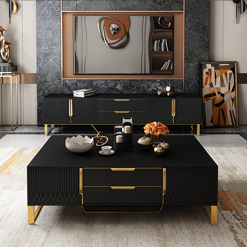 Aro Nordic Rectangular Black Coffee Table with Storage of Drawers & Doors in Gold