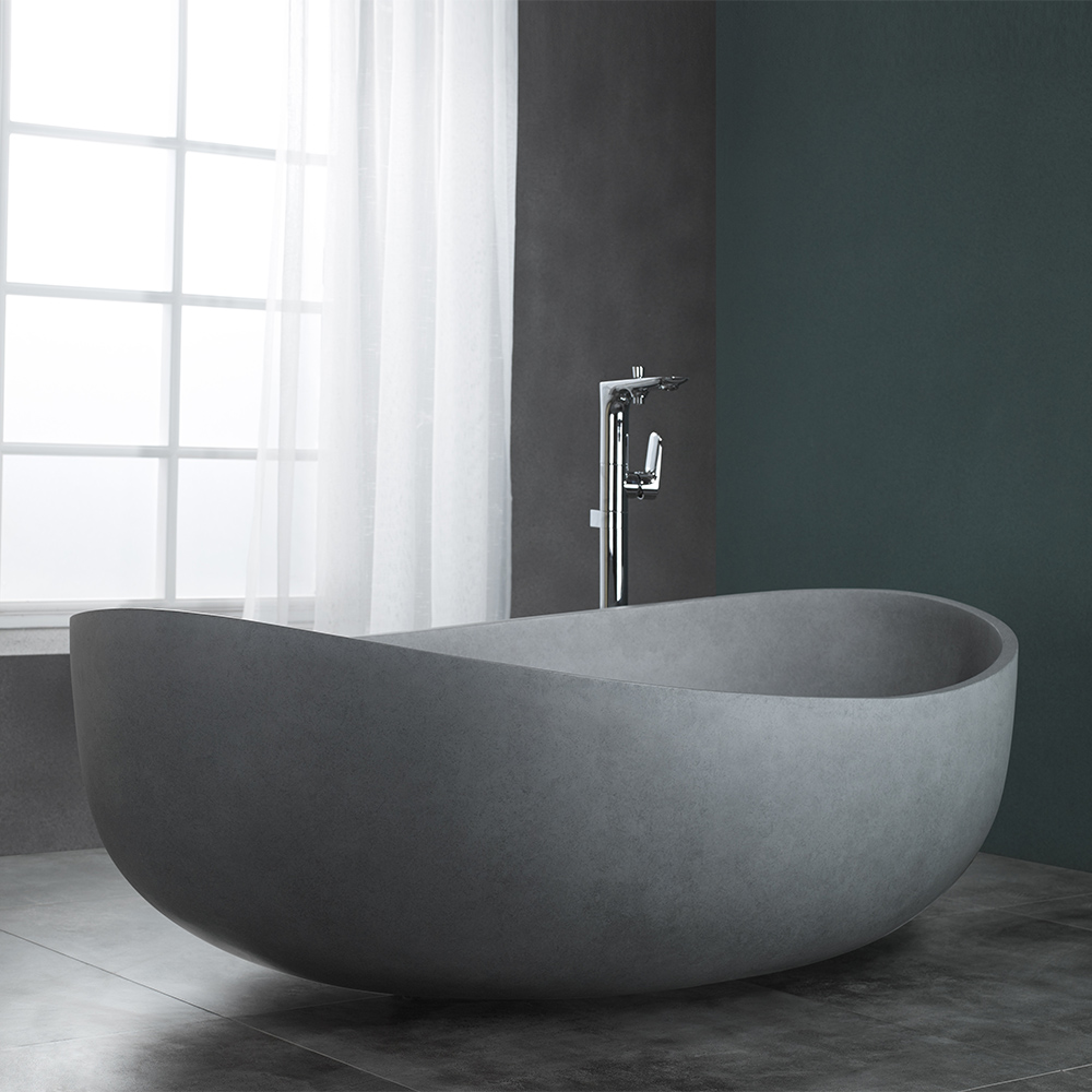 Image of 63" Concrete Oval Freestanding Soaking Bathtub Industrial in Gray