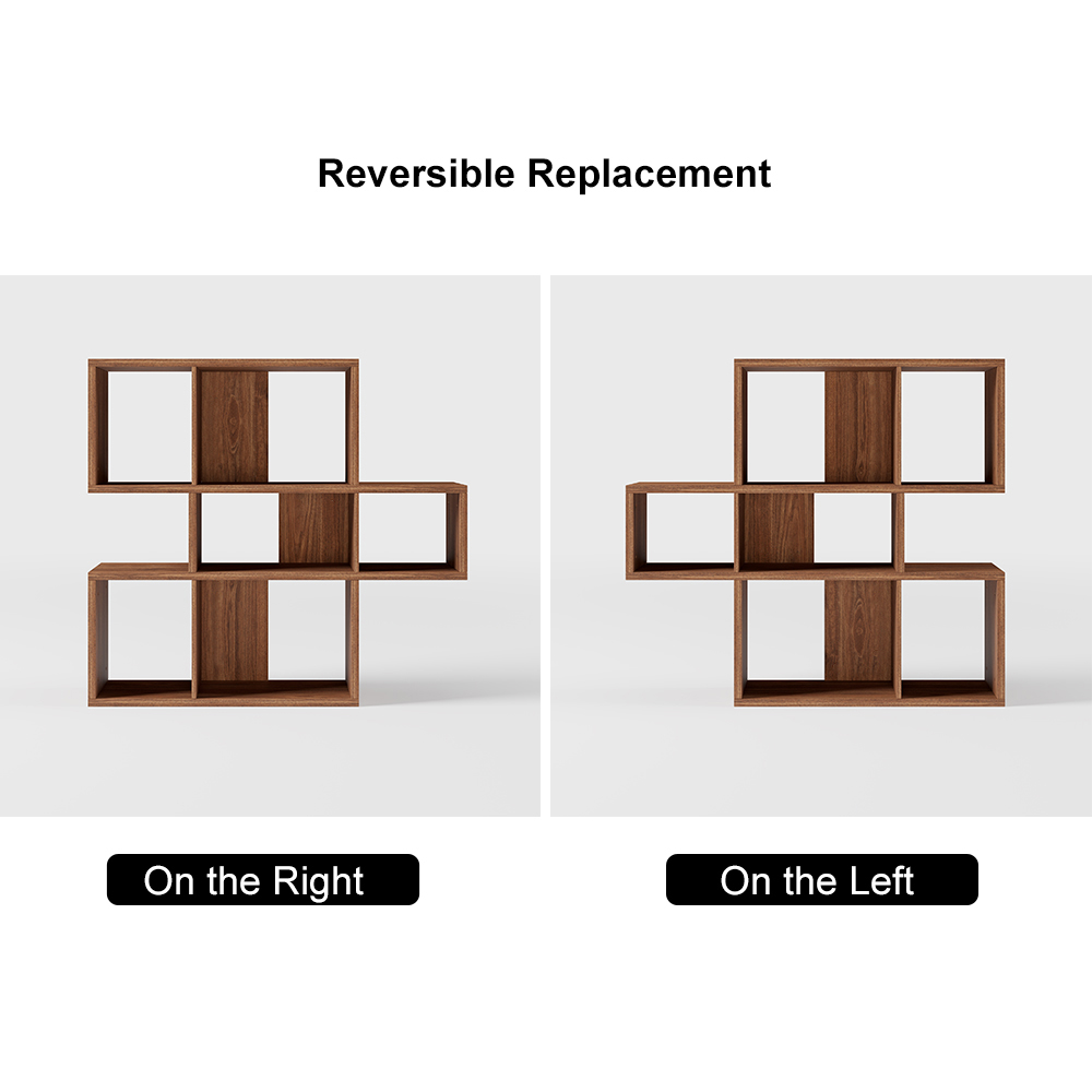 Modern 3Tier Geometric Horizontal Bookcase Walnut Wood Bookshelf Storage Display Shelf