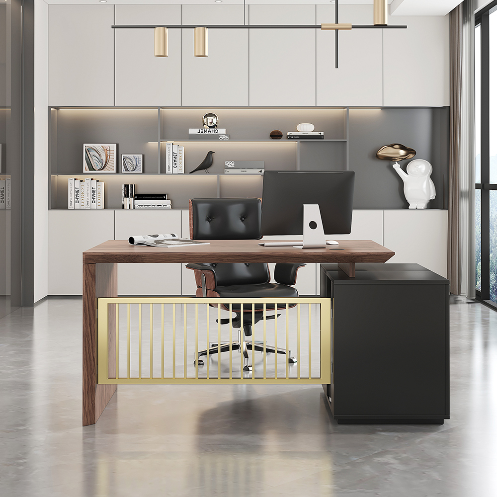 Image of 62.4" Modern Wooden Desk Walnut & Black Home Office Desk with Drawers & Filing Cabinet
