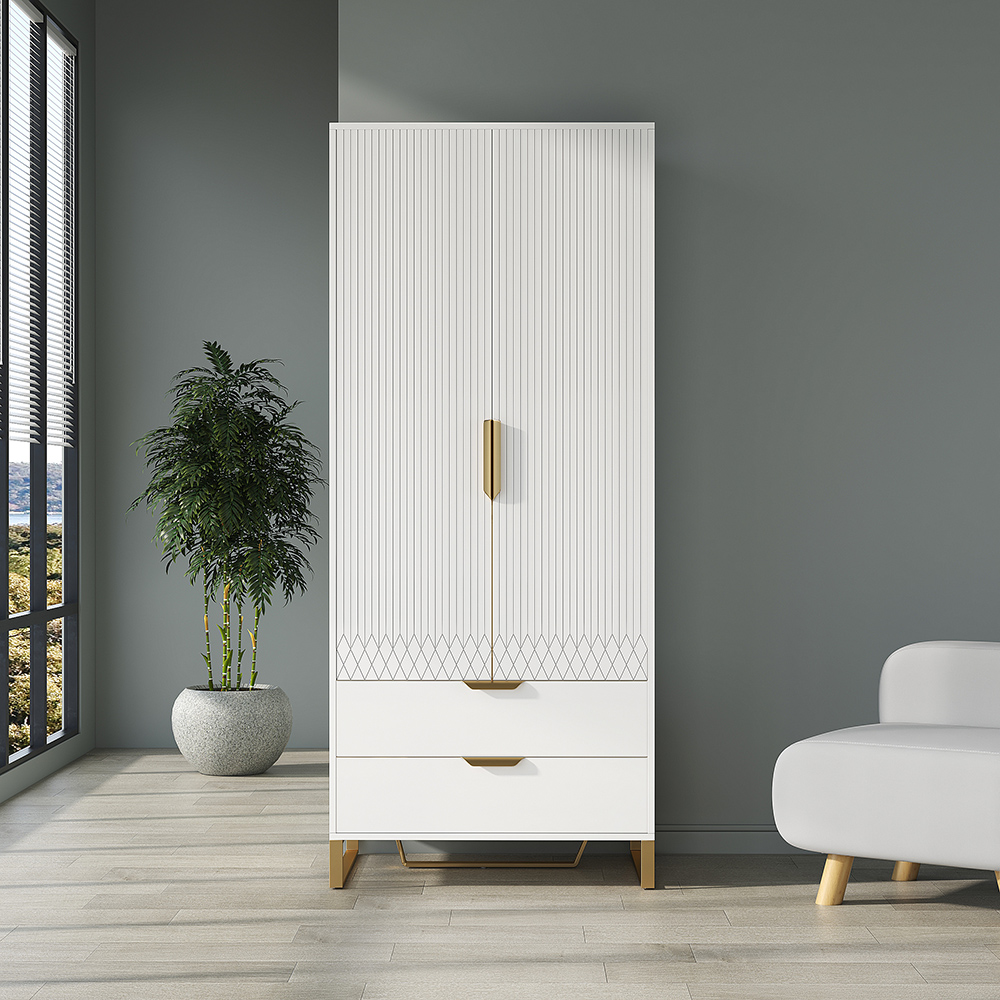 Image of Aro Modern White Tall Wardrobe with Storage Bedroom Clothing Armoire