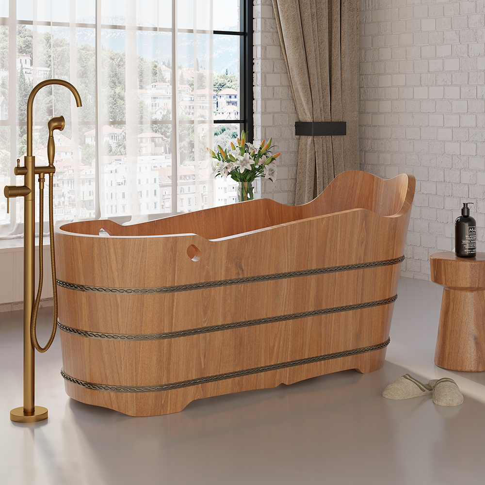 Image of 59" Freestanding Japanese Soaking Bathtub Oak Modern Natural Style