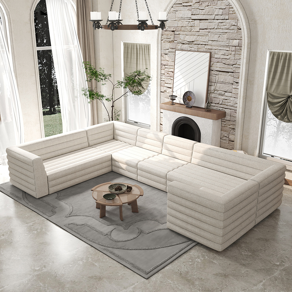 126" UShaped Modern White Boucle Modular Sectional Sofa for 8 Seaters