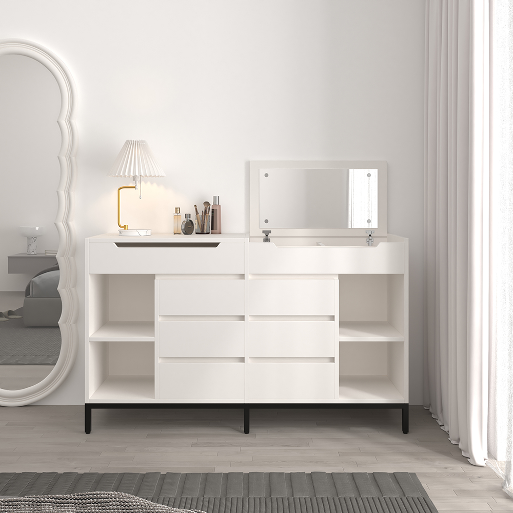8 Drawer 1500mm Modern White Double Dresser Wide with FlipTop