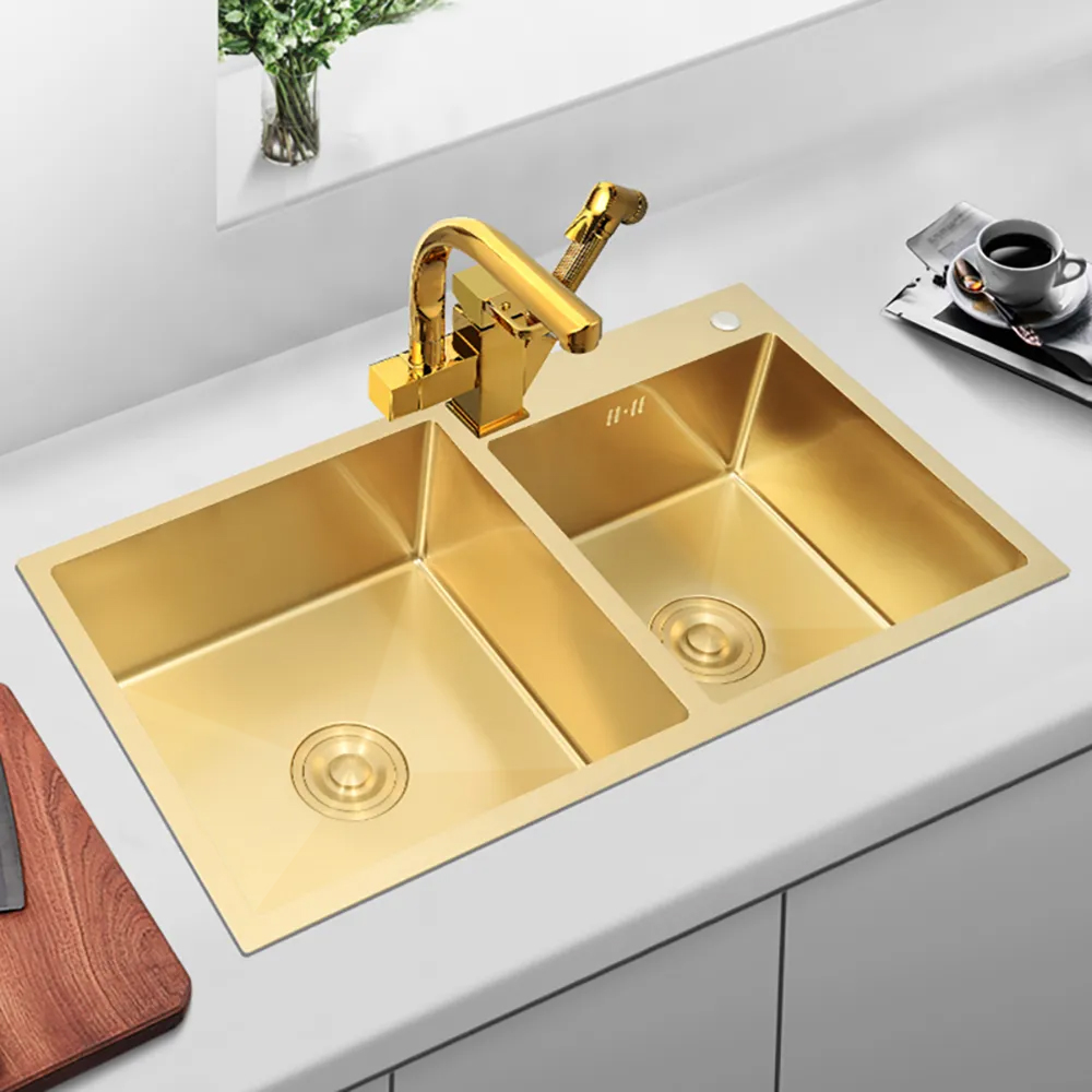 Image of 32" Gold Stainless Steel Kitchen Sink Double Bowls Drop-In Sink with Drain and Overflow