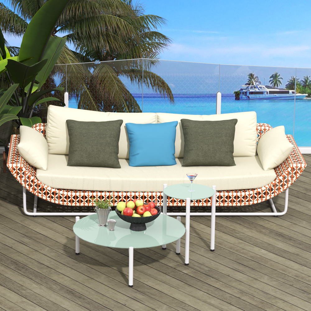 2400mm Wide Modern Aluminium & Rattan Outdoor Patio Sofa with Cushion in White & Orange