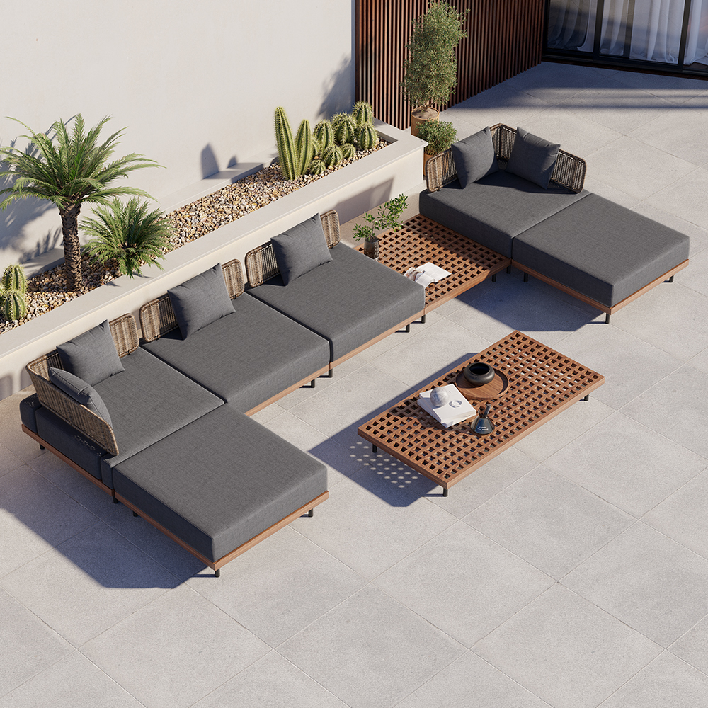 8Pcs Teak & Aluminium & Rattan Outdoor Sectional Sofa Set with Coffee Table and Cushion