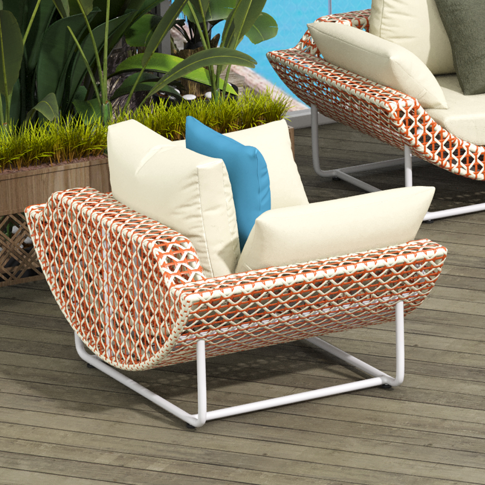 1100mm Wide Modern Aluminium & Rattan Outdoor Patio Sofa with Cushion in White & Orange